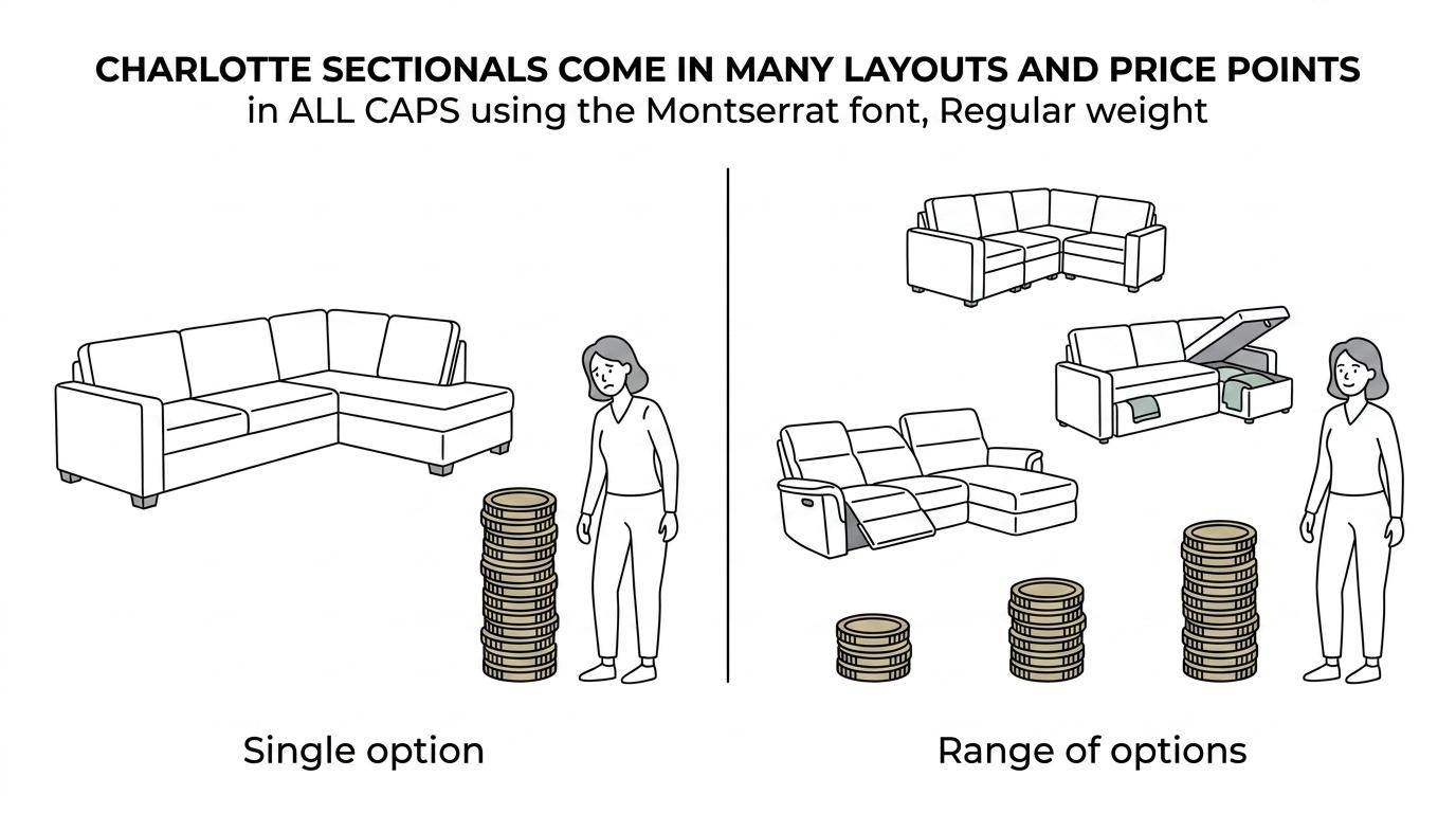 Side-by-side comparison of Charlotte sectional options showing modular, ottoman, reclining, and sleeper styles with example prices and best-fit uses.
