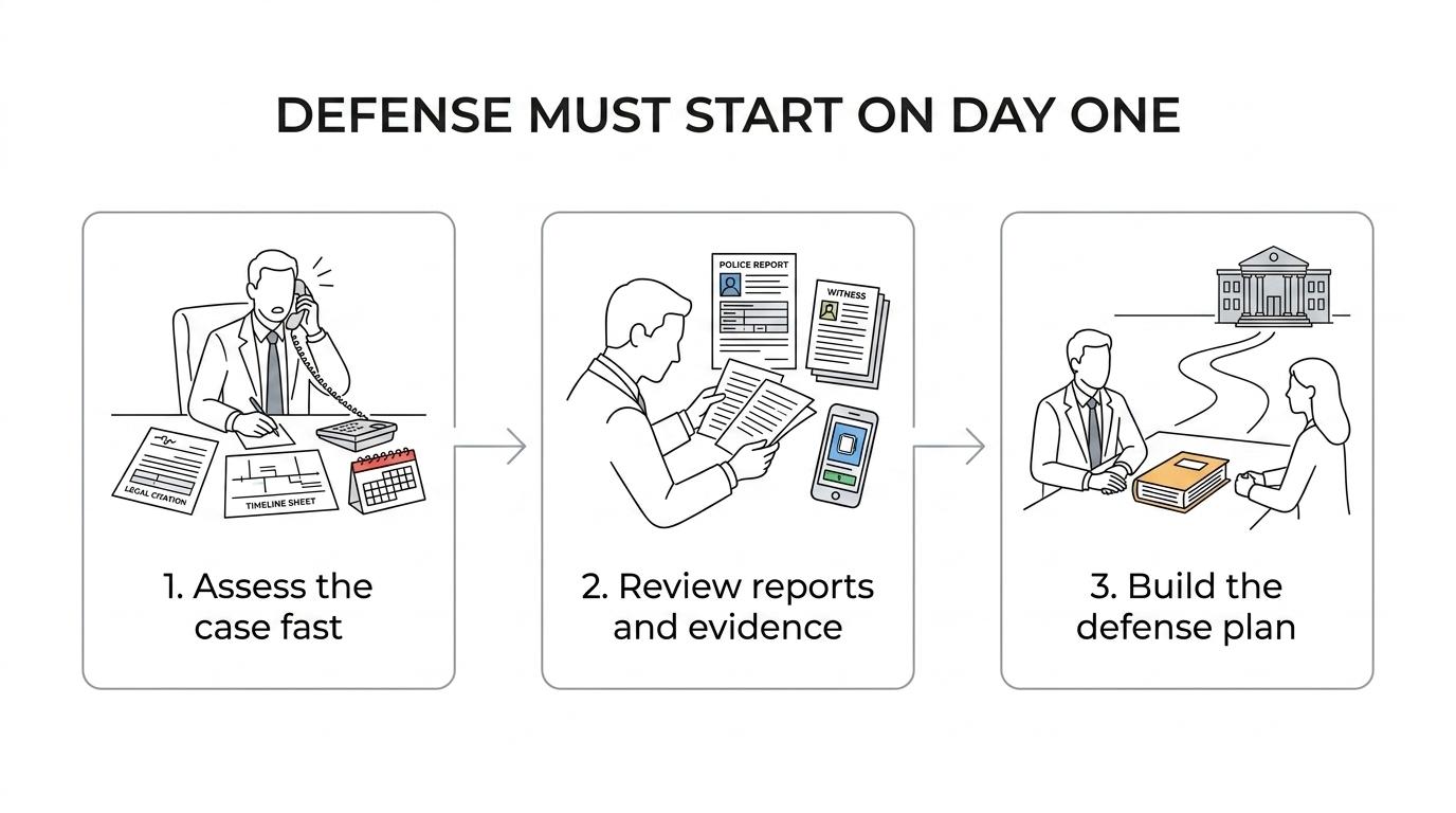 A step-by-step case timeline from arrest or investigation to evidence review, charge analysis, pretrial strategy, and a trial-ready defense.