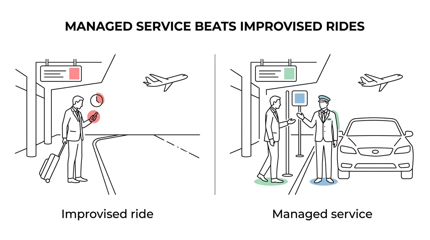 Side-by-side comparison of executive car service and standard rideshare for scheduling, support, privacy, and trip control.