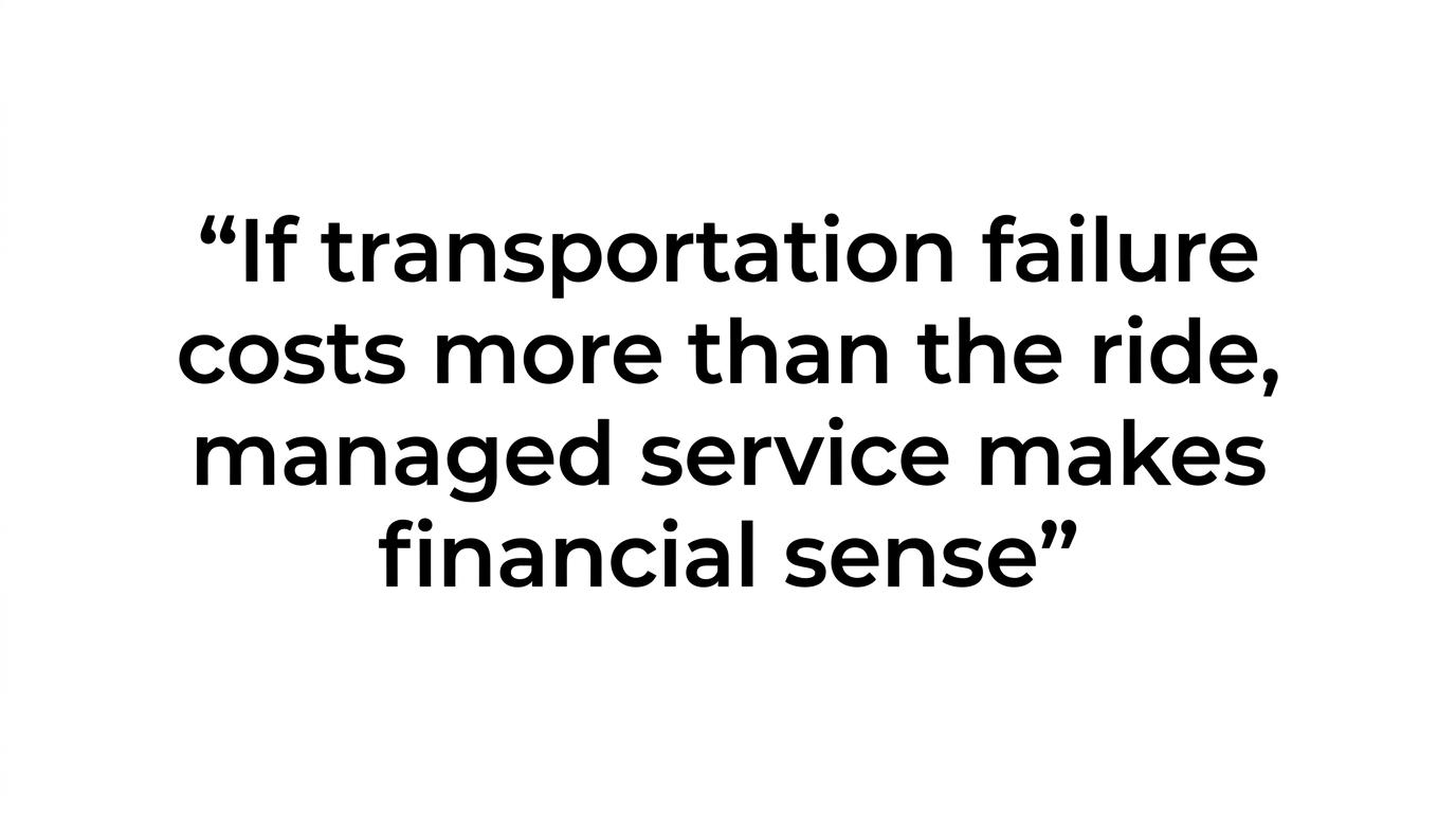 Highlighted quote stating that managed transportation makes sense when the cost of failure exceeds the ride price.