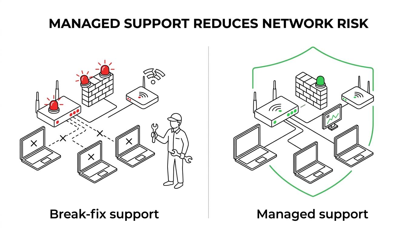 Side-by-side comparison of break-fix IT support versus managed networking support for a small business.