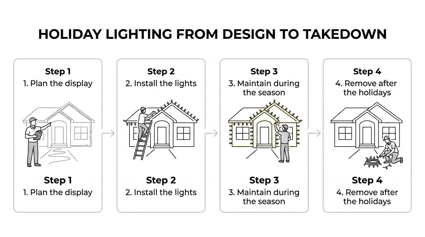 Elevation Power Washing Christmas Lights Lexington SC 1 A four-step holiday lighting process showing design, installation, in-season maintenance, and post-season removal.