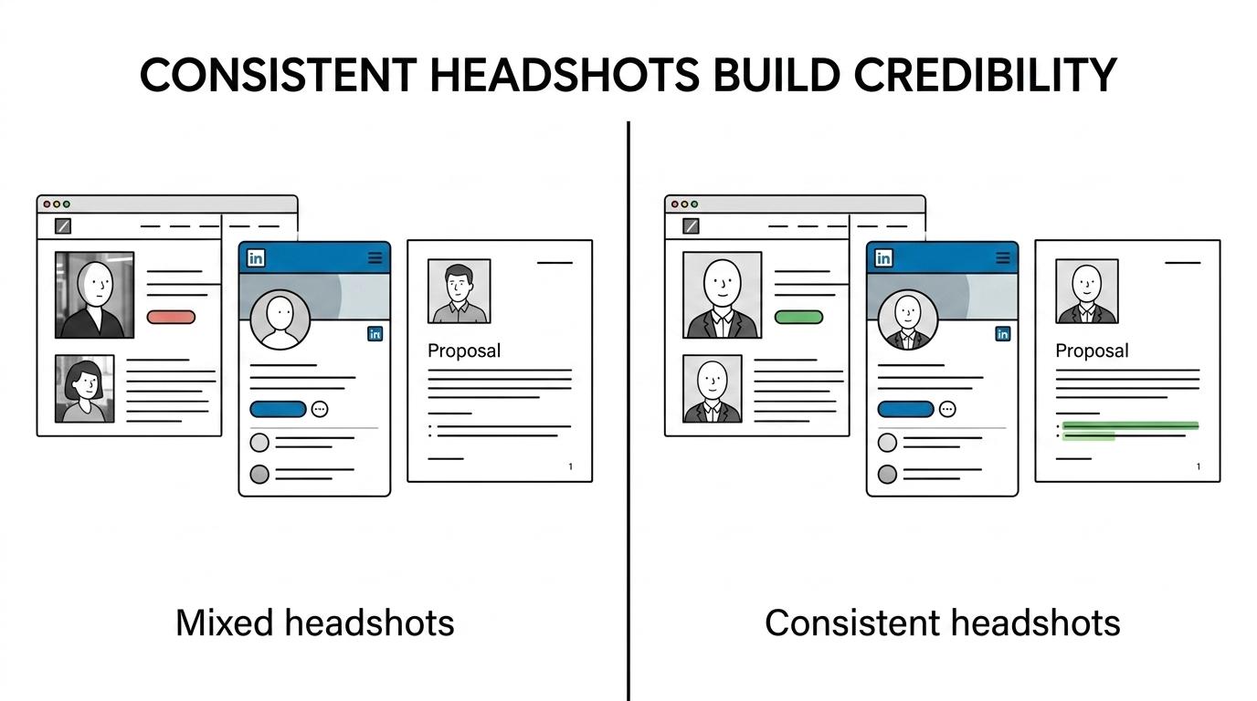 Side-by-side comparison of mismatched employee profile photos across business materials versus a coordinated set of professional corporate headshots used consistently across channels.