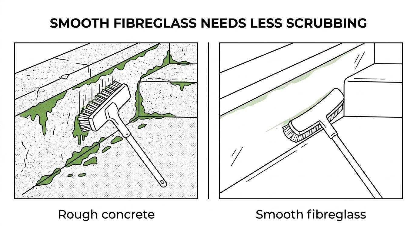 Side-by-side comparison of a smooth fibreglass pool surface and a rough concrete pool surface, showing easier brushing and less algae grip on fibreglass.
