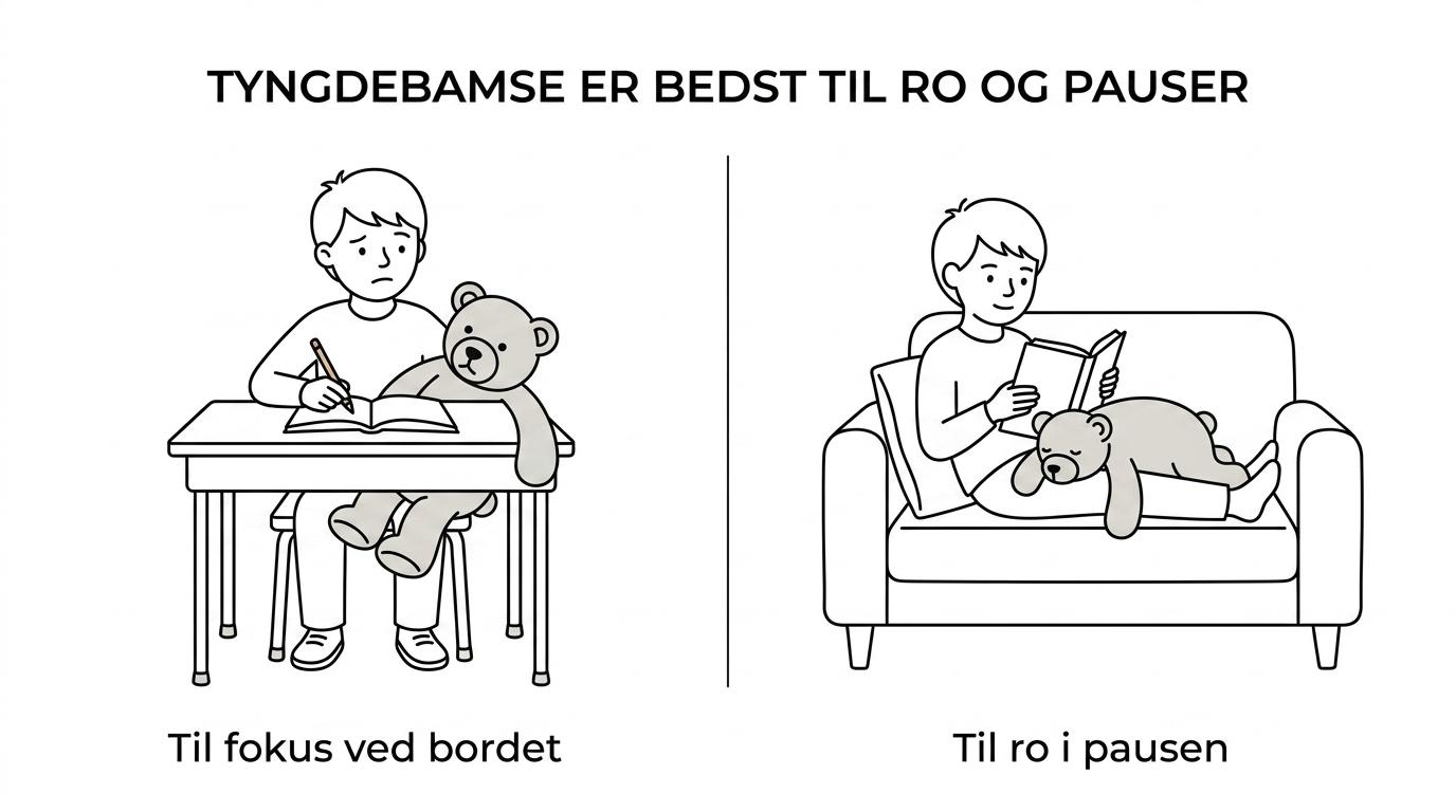 Side-by-side visning af et barn med en tyngdebamse under rolig læsning og et barn med et tyngdehjælpemiddel ved et bord for fokus.