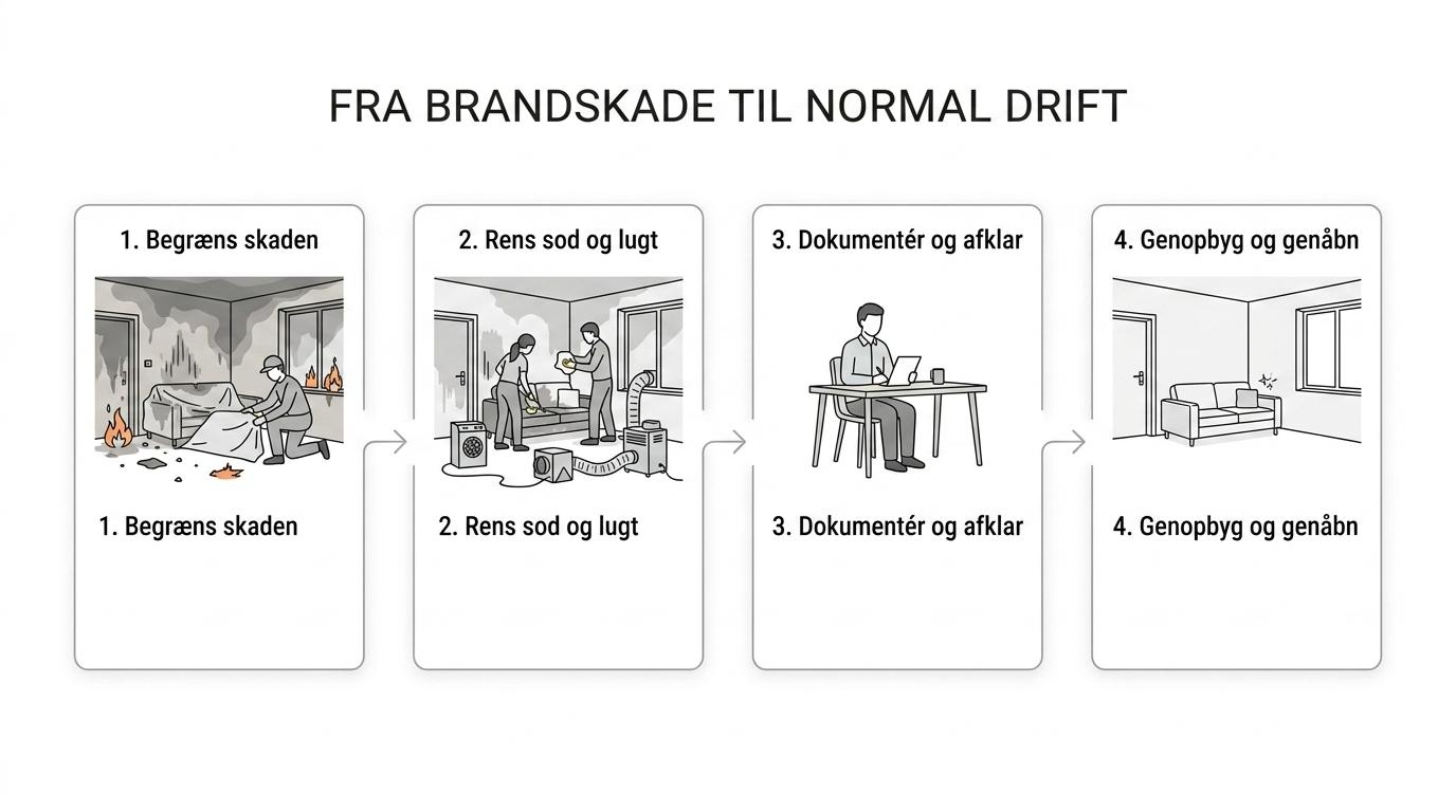 Flow over røgsanering fra akut udrykning og skadebegrænsning til sodrens, lugtsanering, forsikringsdokumentation og genopbygning.