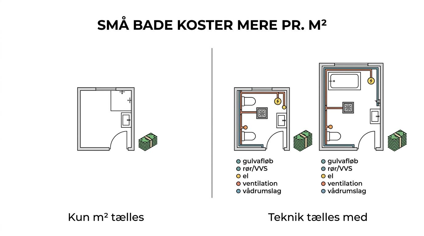 Sammenligning af et 3 m² og et 6 m² badeværelse, hvor de samme tekniske poster går igen i begge.