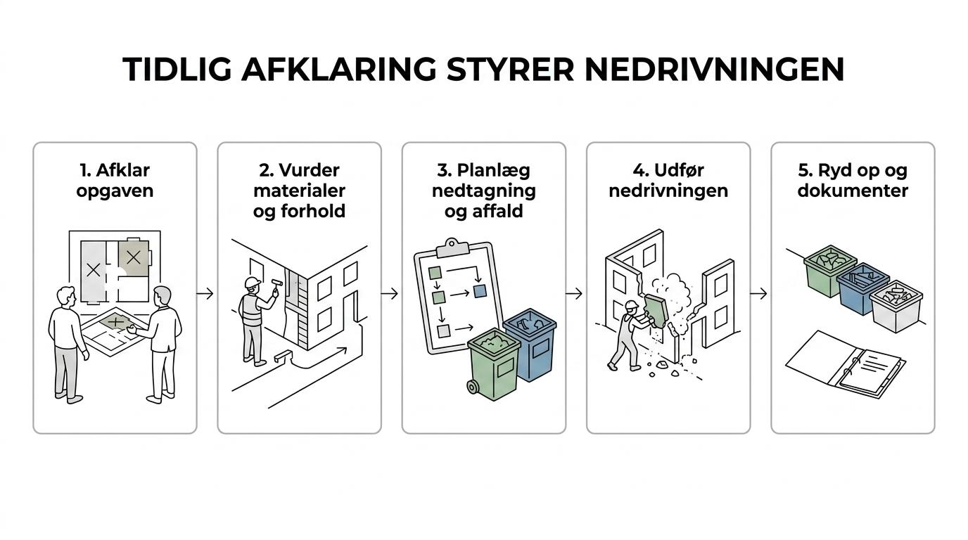 Diagram over et nedrivningsforløb med gennemgang, miljøvurdering, plan, nedrivning, sortering og dokumentation.