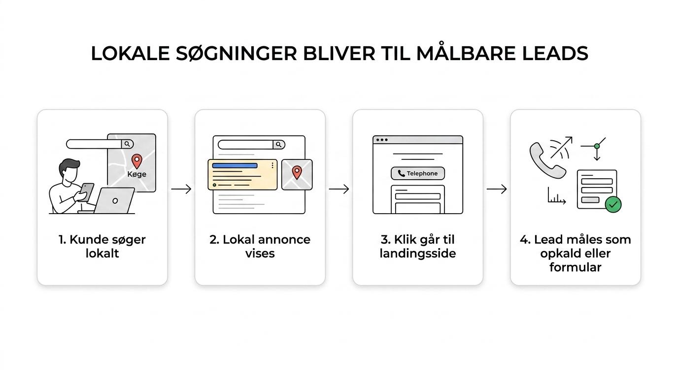 Flowdiagram fra lokal Google-søgning i Køge til annonce, landingsside og målt lead.