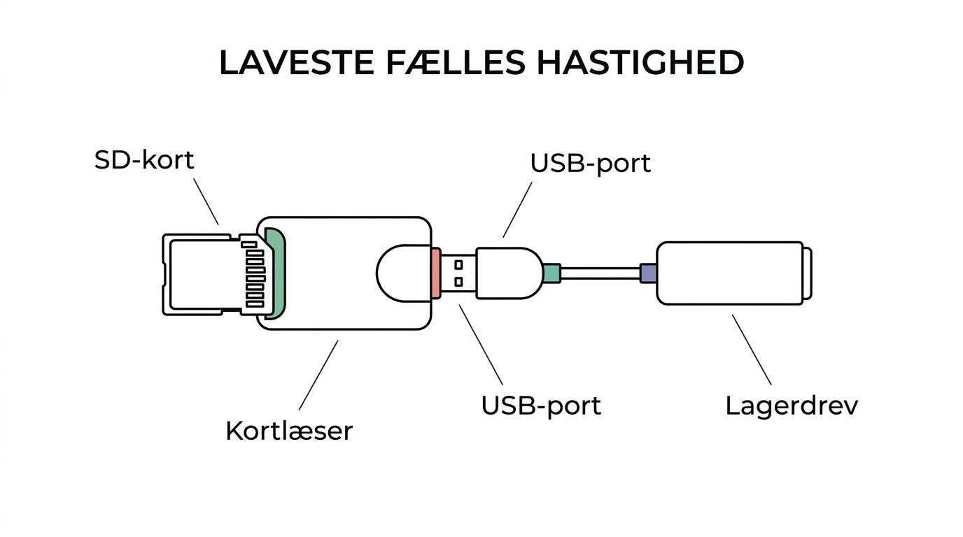 Illustration af data-kæden fra SD-kort til kortlæser, USB-port og lagerdrev, med den langsomste del markeret som flaskehals.