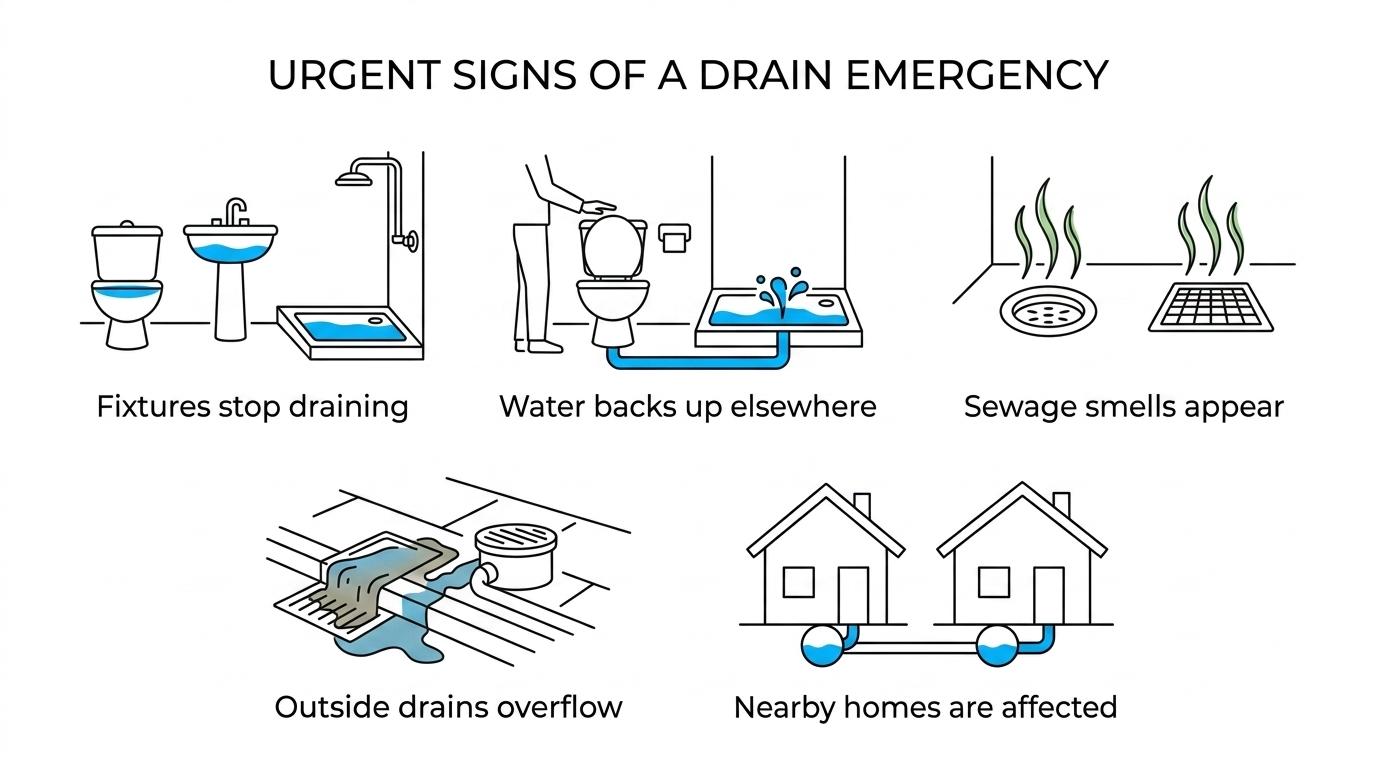 Seven illustrated warning signs of an emergency drain blockage, including a blocked toilet, slow-draining shower, sewage smell, cross-backup, and an overflowing outside gully.