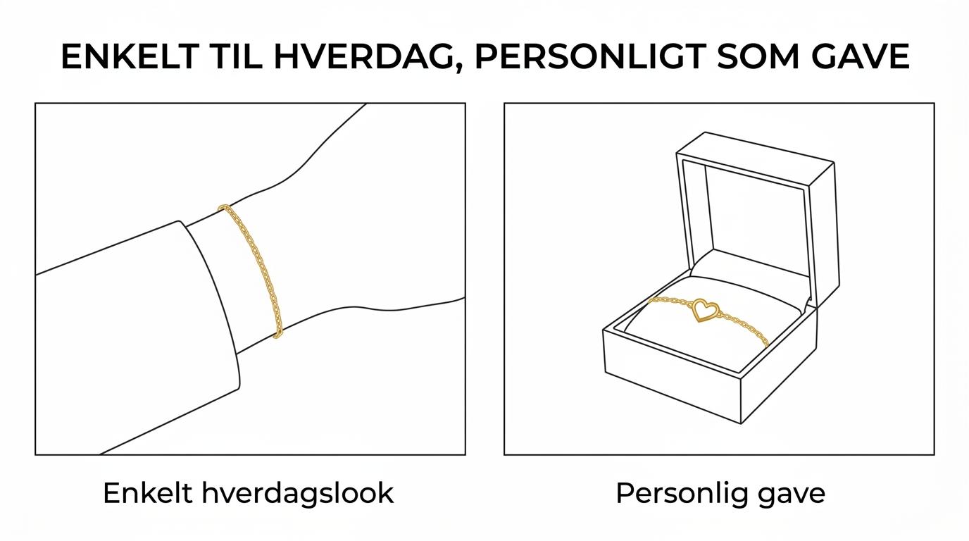Side-by-side visning af et enkelt Figaro guldarmbånd og et hjerteformet MOM guldarmbånd med deres priser.