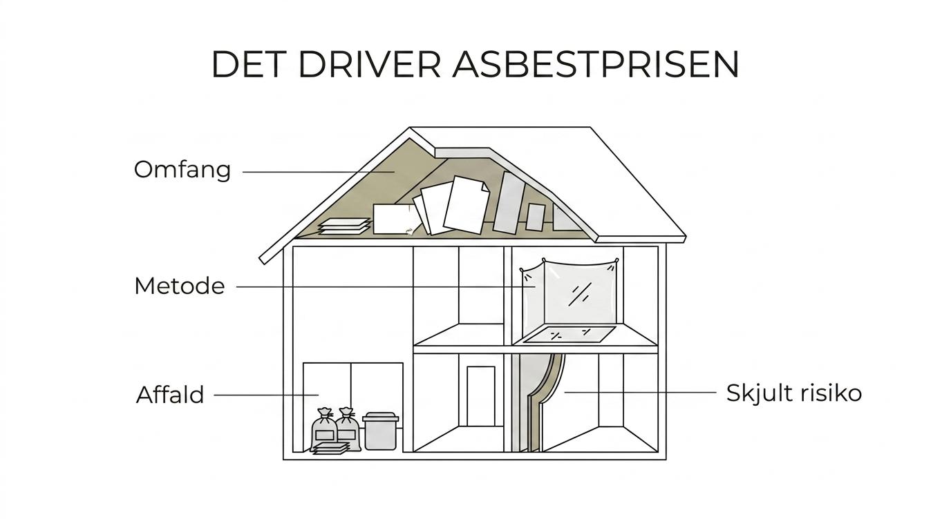 Labeled diagram of the main factors behind asbestos remediation price in a home: amount and location, work method, disposal, and building age/history.