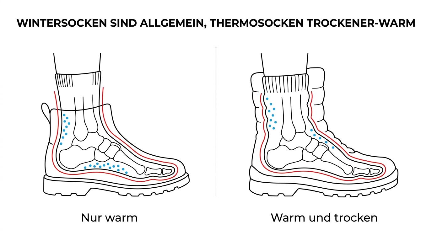 Side-by-side comparison of Wintersocken and Thermosocken showing differences in thickness, moisture handling, warmth, and typical use.
