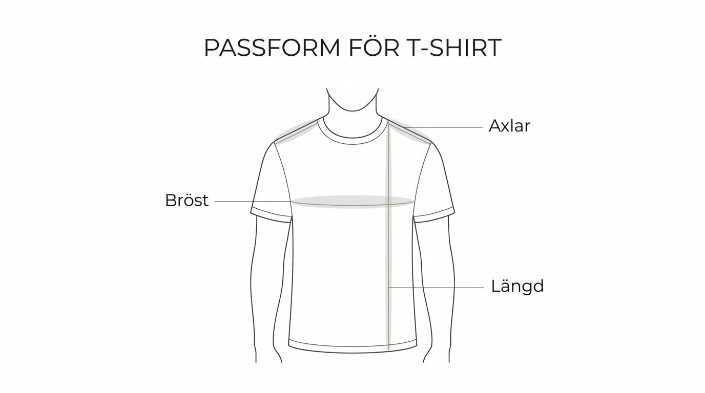 Diagram av en herr-t-shirt och överkropp med markerade mått för bröst, axelbredd, midja, bållängd, across shoulder och centre back length.