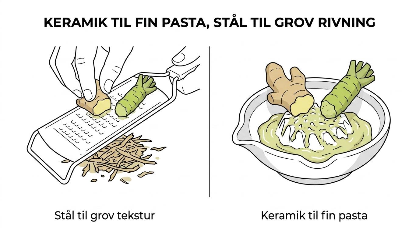 Sammenligning af keramisk, kobber, sharkskin og rustfrit stål rivejern med deres bedste anvendelser til wasabi, ingefær og større ingredienser.