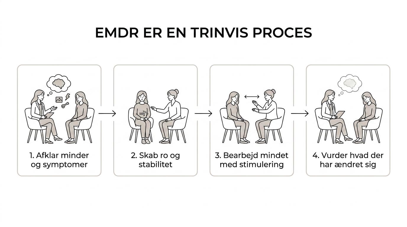 En enkel procesoversigt over et EMDR-forløb fra afklaring og forberedelse til bearbejdning og opfølgning.