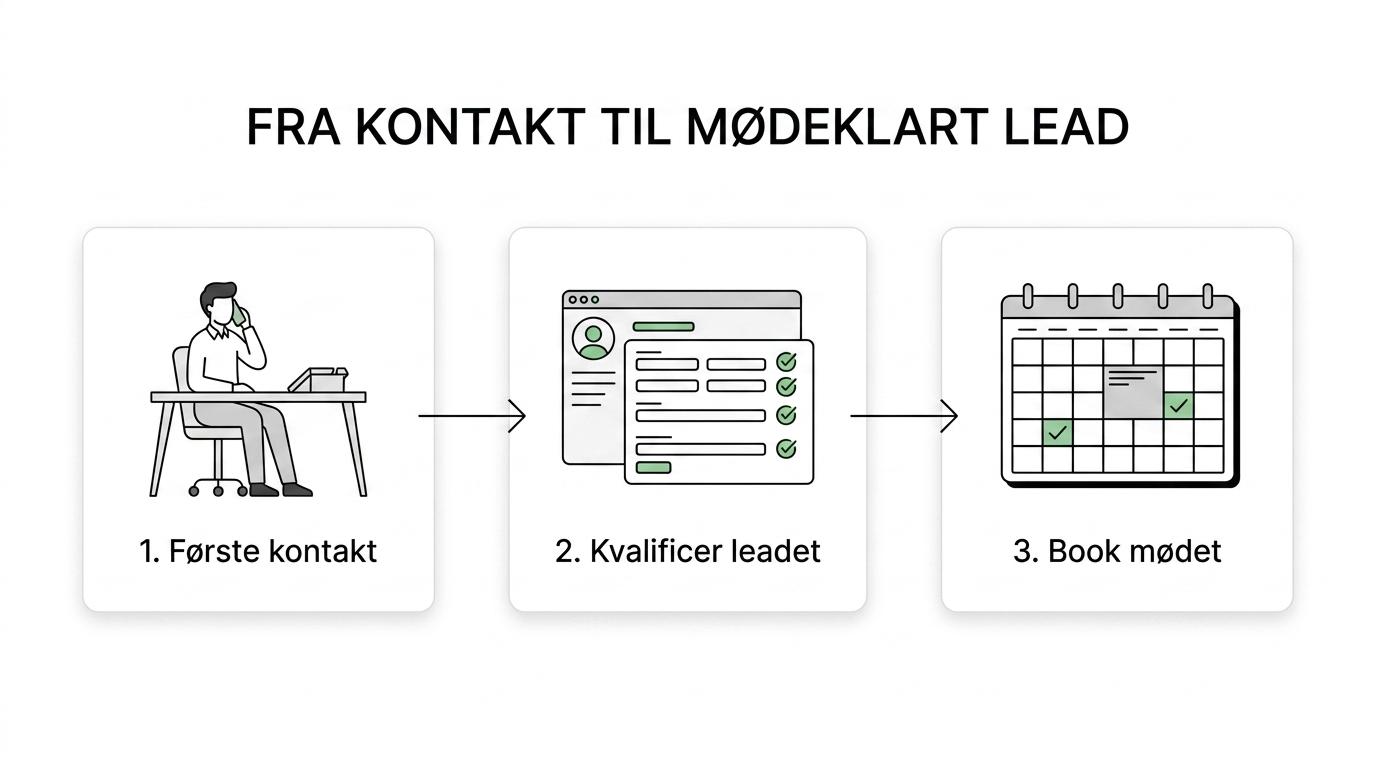 Diagram over leadgenerering fra målgruppe og telefonisk kontakt til kvalificering, mødebooking og en stærkere pipeline.