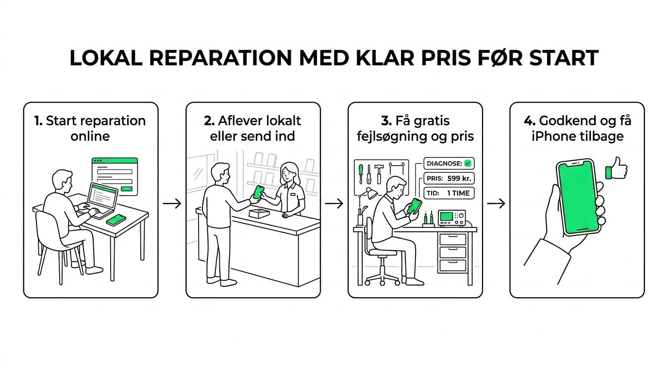Flowdiagram over iPhone-reparation hos ELEKTRONIKS: start online, aflever eller send ind, gratis fejlsøgning, få pris og tid, godkend reparation, få iPhonen tilbage i brug.