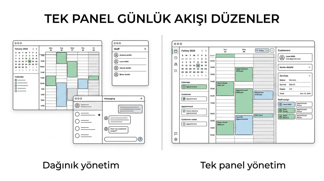 Yan yana gösterimde bir tarafta mesajlar, notlar ve ayrı takvimlerde dağınık randevu yönetimi; diğer tarafta takvim, müşteri, hizmet, personel ve rezervasyonun tek ekranda toplandığı düzenli bir panel görülüyor.