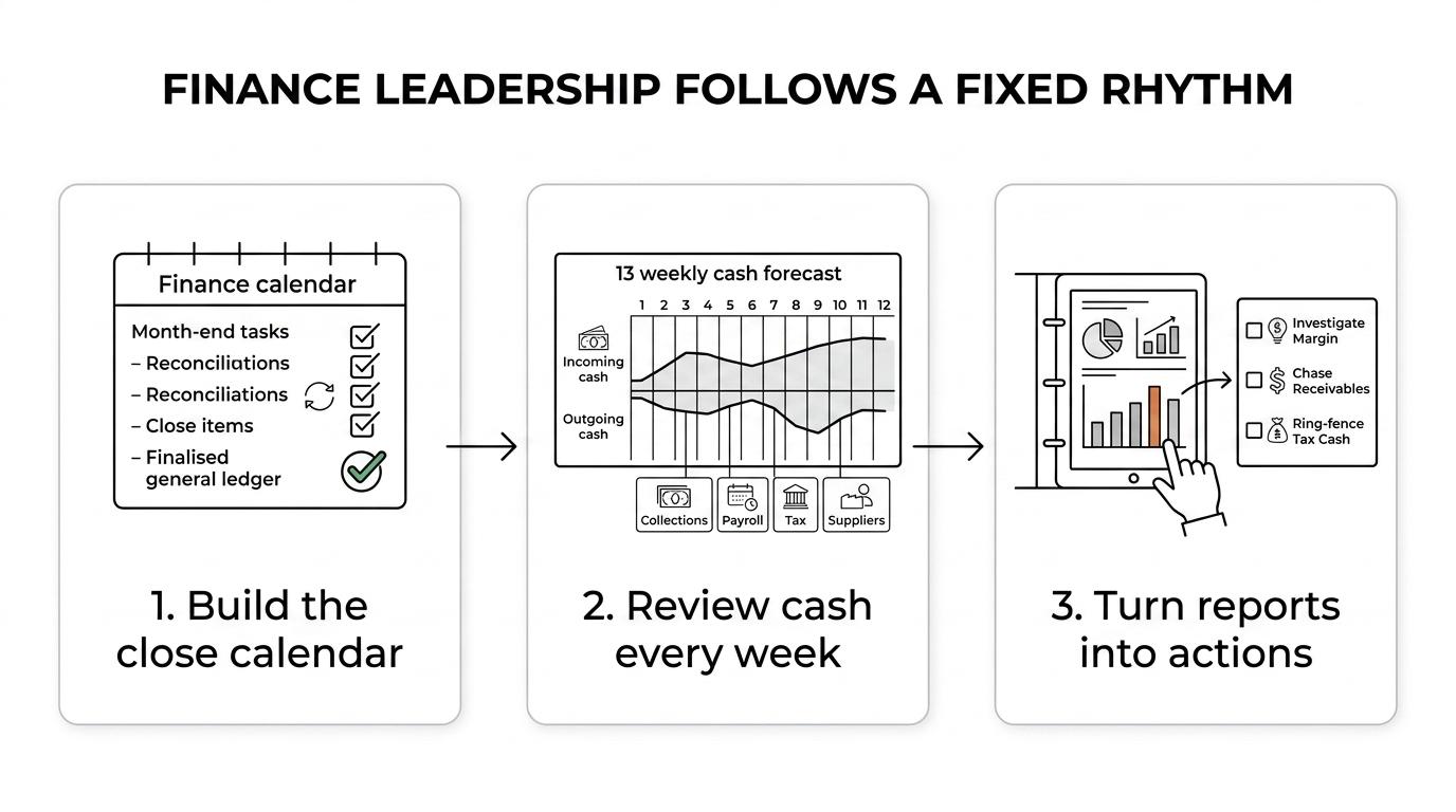 A process diagram showing an outsourced CFO rhythm moving from weekly cash review to month-end close, management reporting, scenario planning, and action tracking, with VAT and Corporate Tax timing built in.