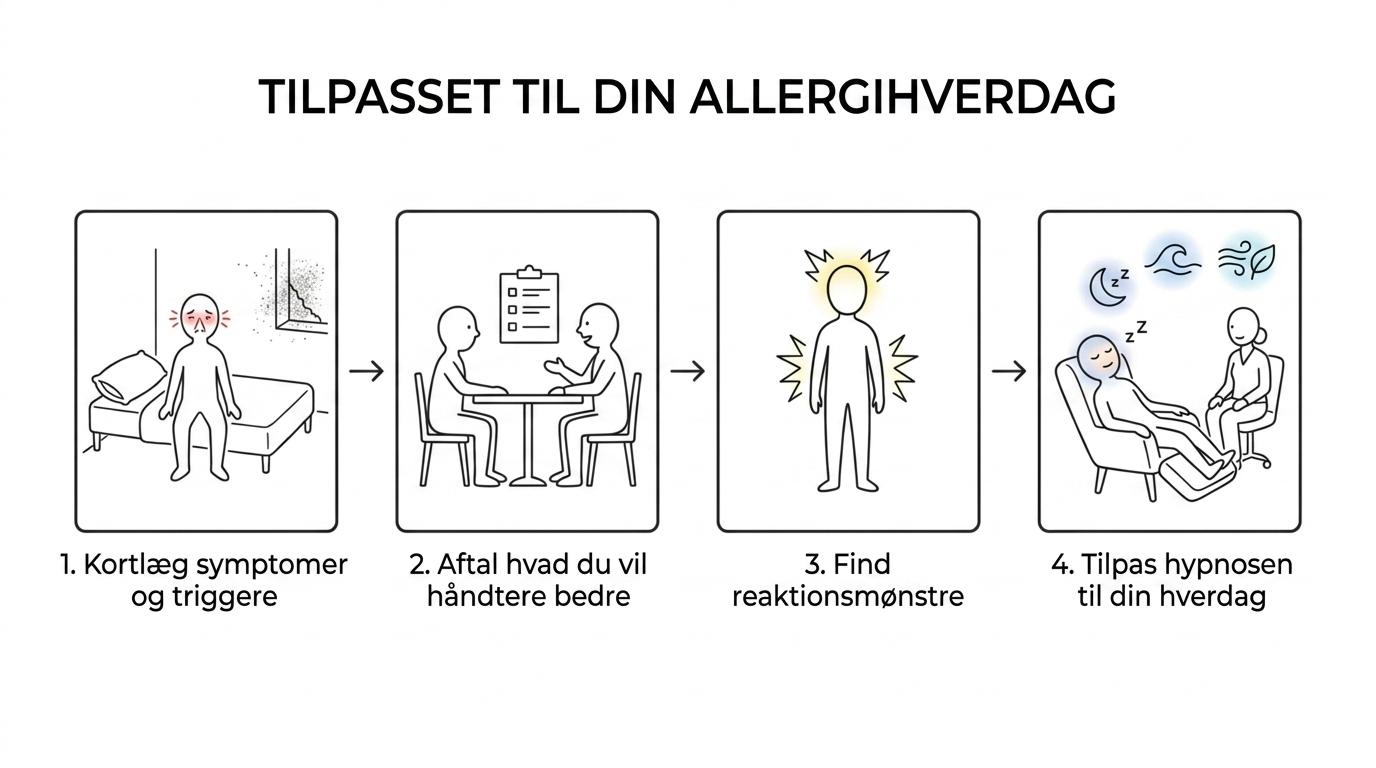 Klinik Careteam, hypnose mod husstøvallergi nær Støvring 1 Diagram over et skræddersyet hypnoseforløb for husstøvallergi fra triggere og mål til målrettet arbejde med reaktionsmønstre.