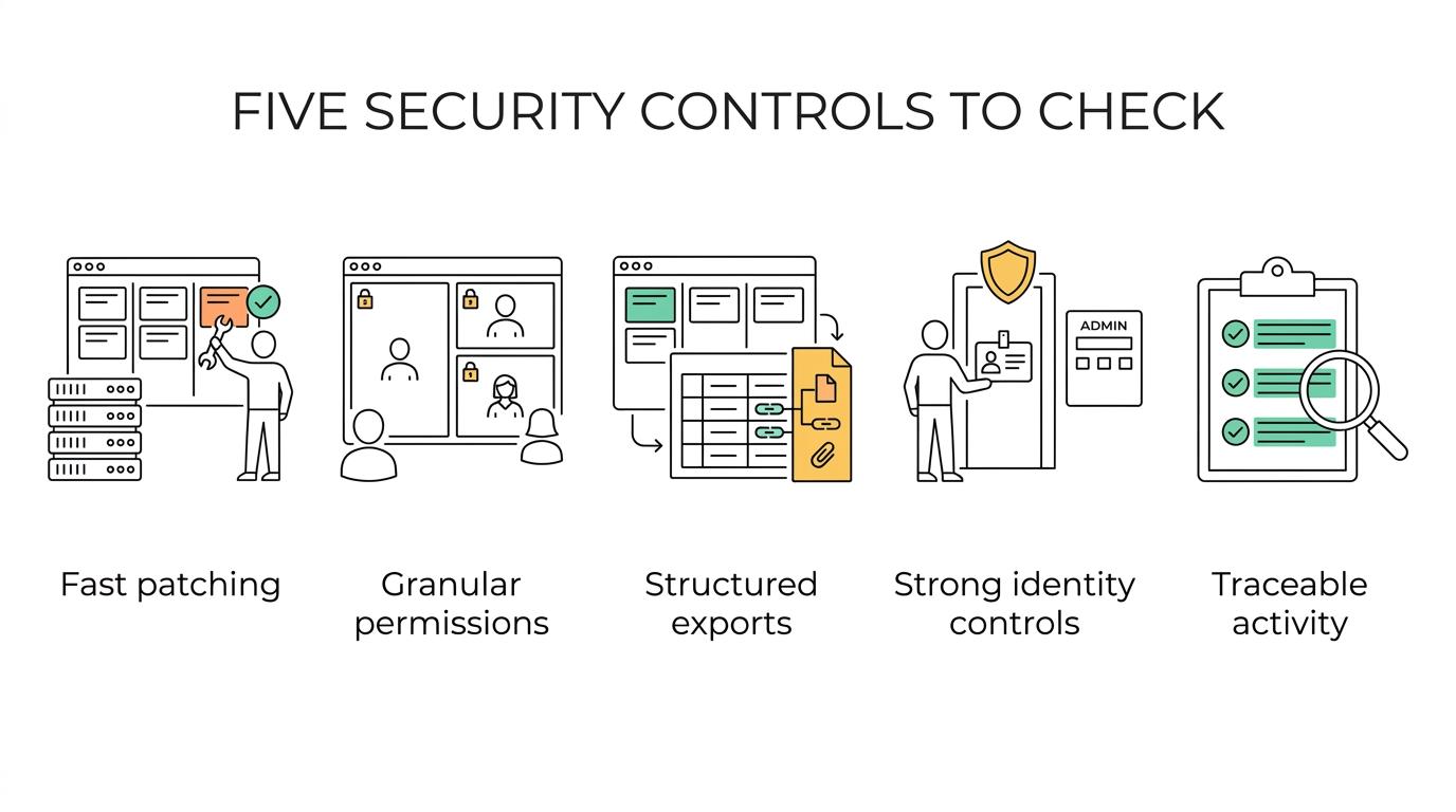 Checklist showing five criteria for evaluating a self-hosted kanban tool: updates, permissions, exports, identity controls, and auditability.