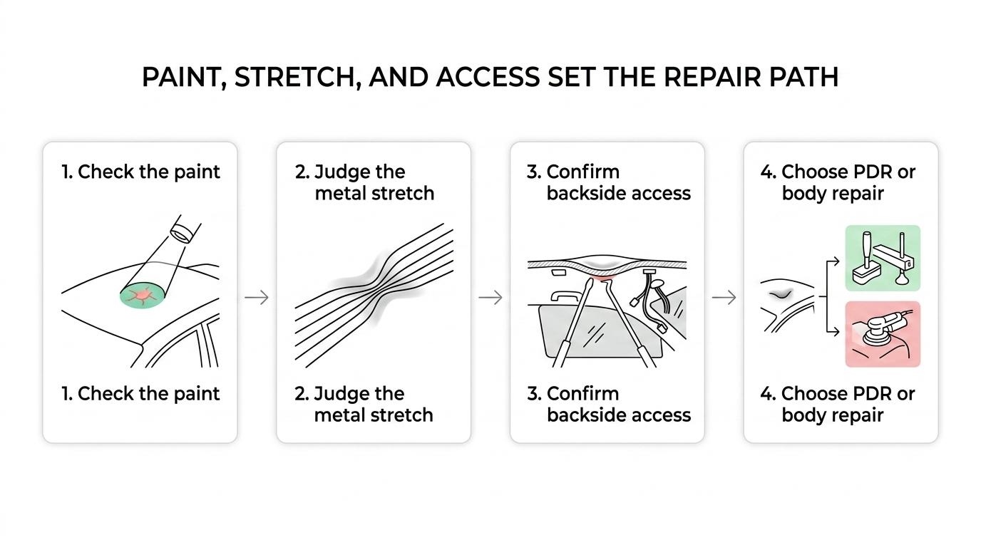 Decision flow showing how paint condition, dent sharpness or stretch, and backside access lead to PDR, glue pulling, conventional repair, or roof replacement.