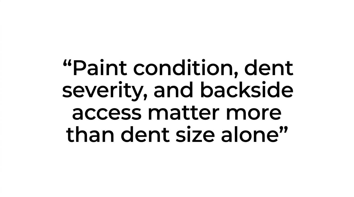 Highlighted quote emphasizing that a broad shallow roof dent may qualify for paintless repair while a small sharp dent may not.