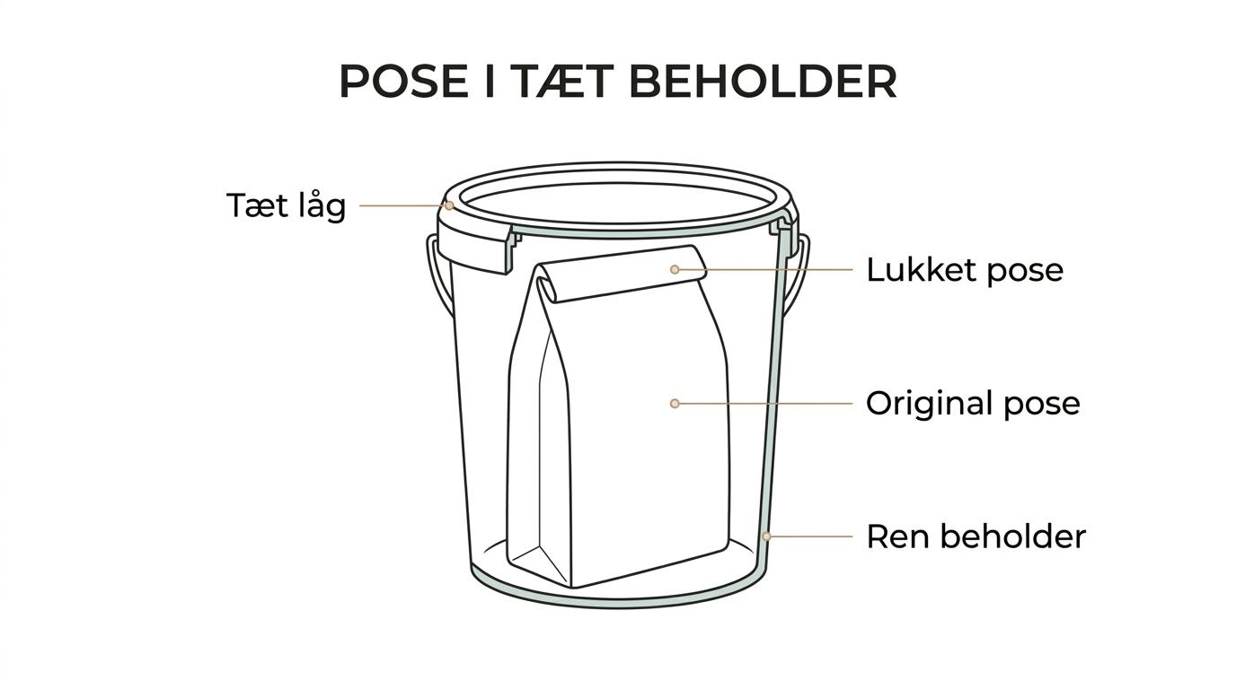 En hundefoderpose står inde i en ren beholder med tætsluttende låg, markeret med kølig, tør og mørk opbevaring.
