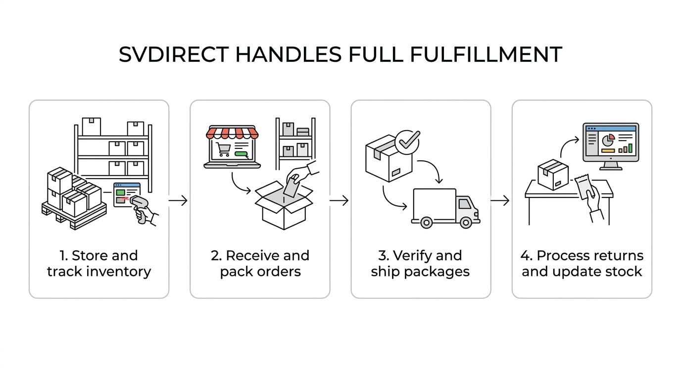Diagram showing ecommerce fulfillment flow from system integrations and warehouse storage to picking, shipping, tracking, and returns.