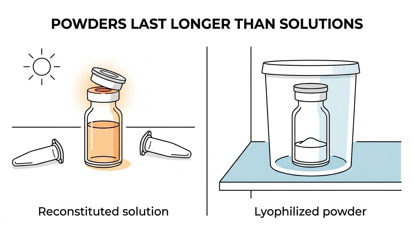 Side-by-side comparison of sealed lyophilized peptide powder versus reconstituted peptide solution, showing long-term cold dry dark storage on one side and short-life aliquoted frozen handling on the other.