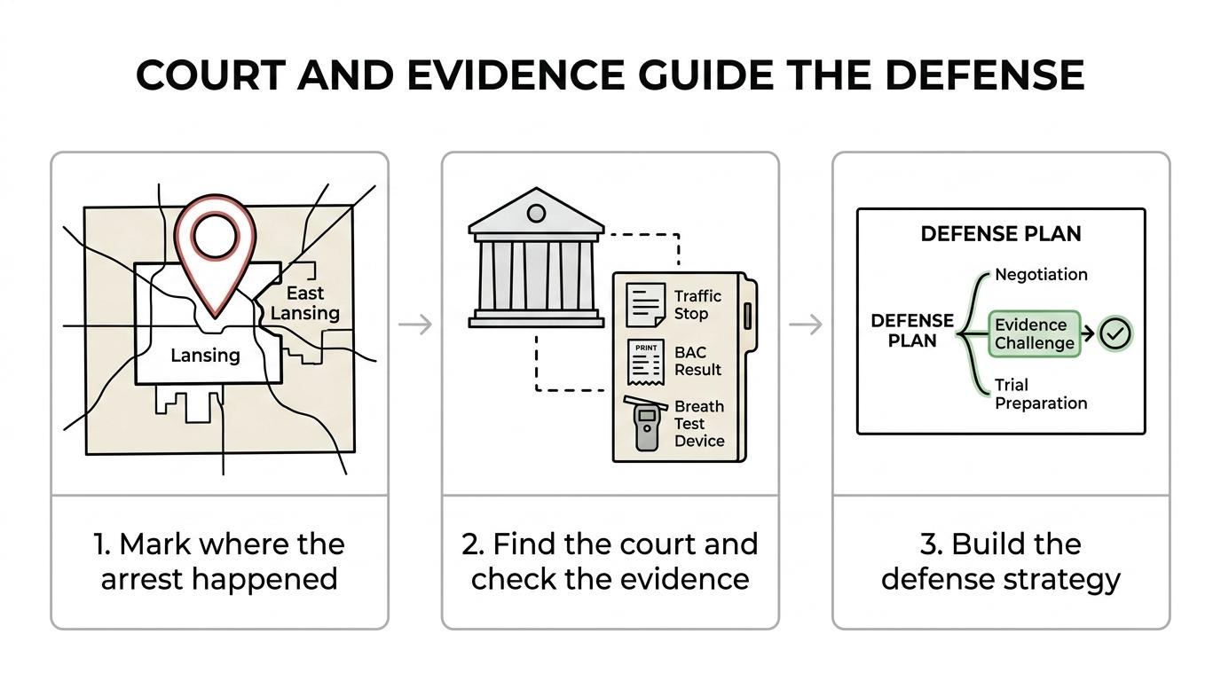 Flowchart showing an Ingham County OWI case moving from arrest location to court jurisdiction, evidence review, and defense strategy.