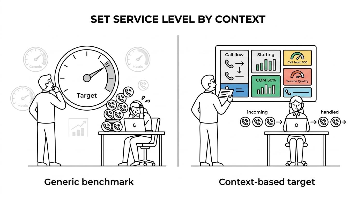 Side-by-side comparison of a fixed 80/20 benchmark approach and a context-based service level approach with supporting metrics and tradeoffs.