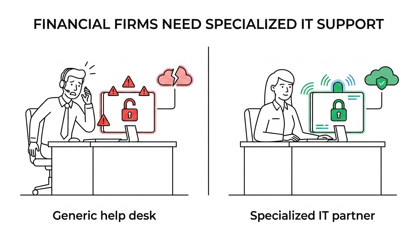 Side-by-side comparison of generic help desk support and a financial-services-focused IT partner across security, compliance, uptime, and vendor oversight.