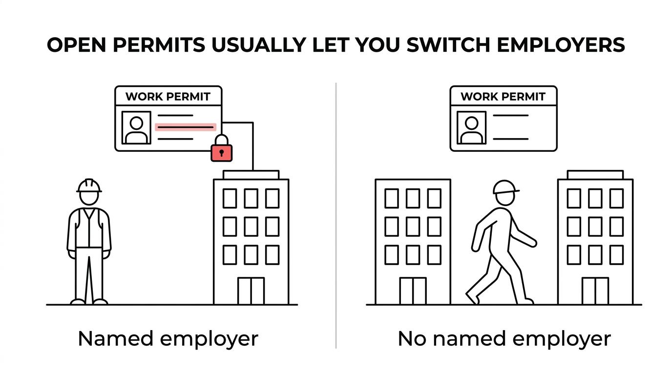 Side-by-side comparison of open and employer-specific Canadian work permits, showing employer flexibility, job mobility, and employer document requirements.