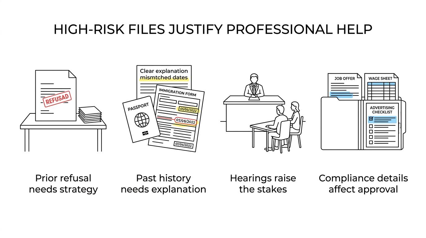 Grid of key warning signs that a Canadian immigration case may need licensed RCIC help.