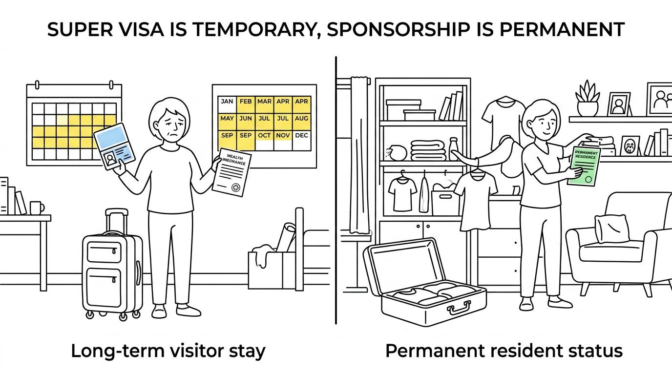 Side-by-side comparison of parent sponsorship and the Super Visa across status, availability, stay length, income rules, application location, and financial commitment.