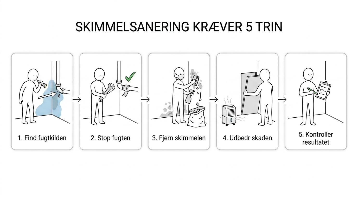 Procesgrafik med fem trin i skimmelsanering fra fugtkilde og udbedring til fjernelse, affugtning og kvalitetskontrol.