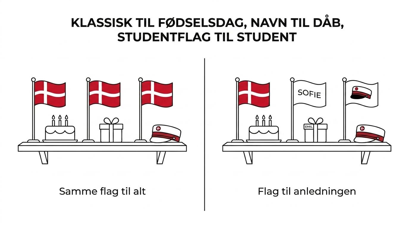 Sammenligning af tre keramikflag som gave: klassisk Dannebrog, navneflag og studentflag med hue-detalje.