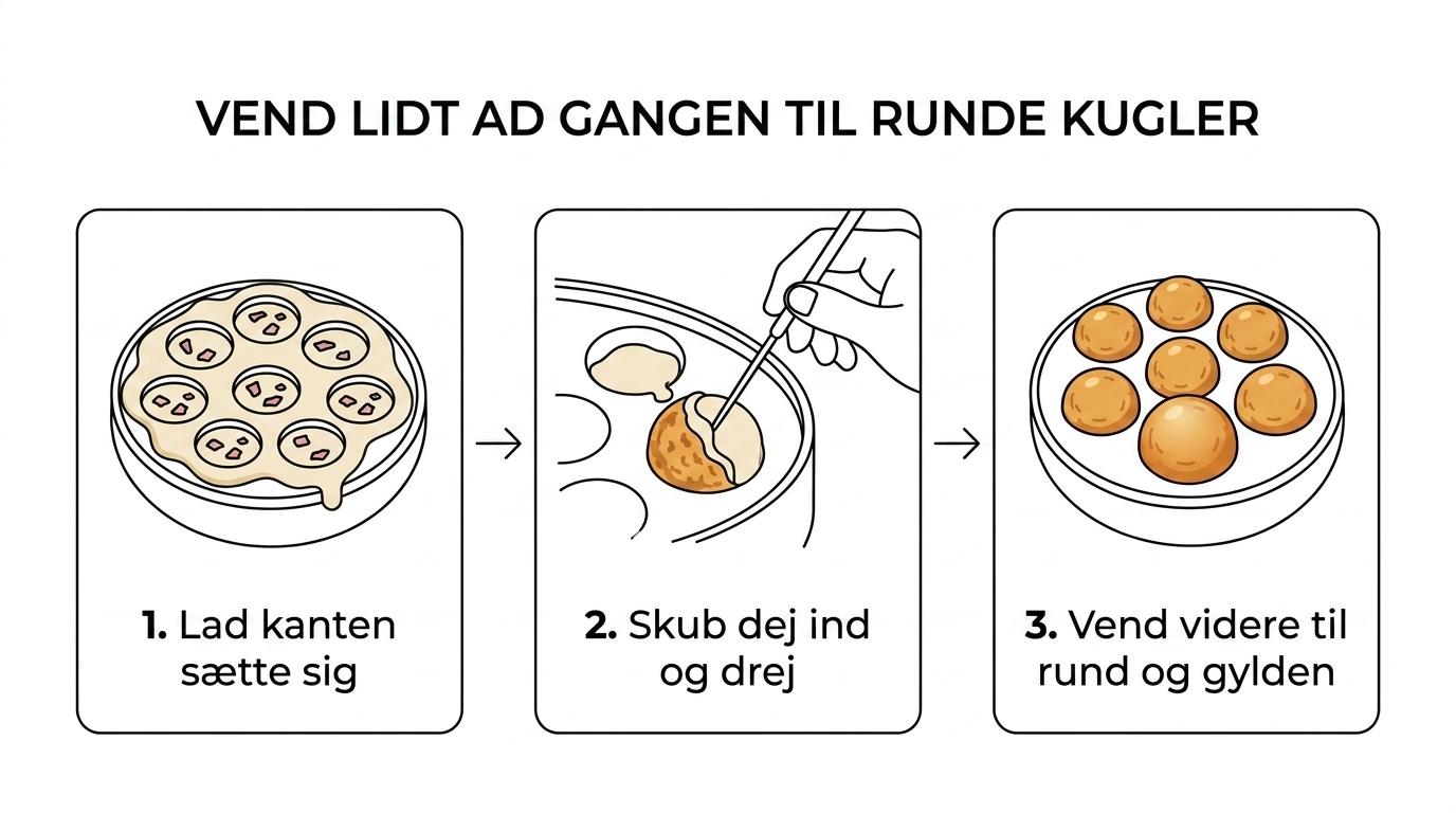 Trinvis visning af takoyaki i en specialpande, fra flydende dej og fyld til gyldne kugler, der vendes med en pind.