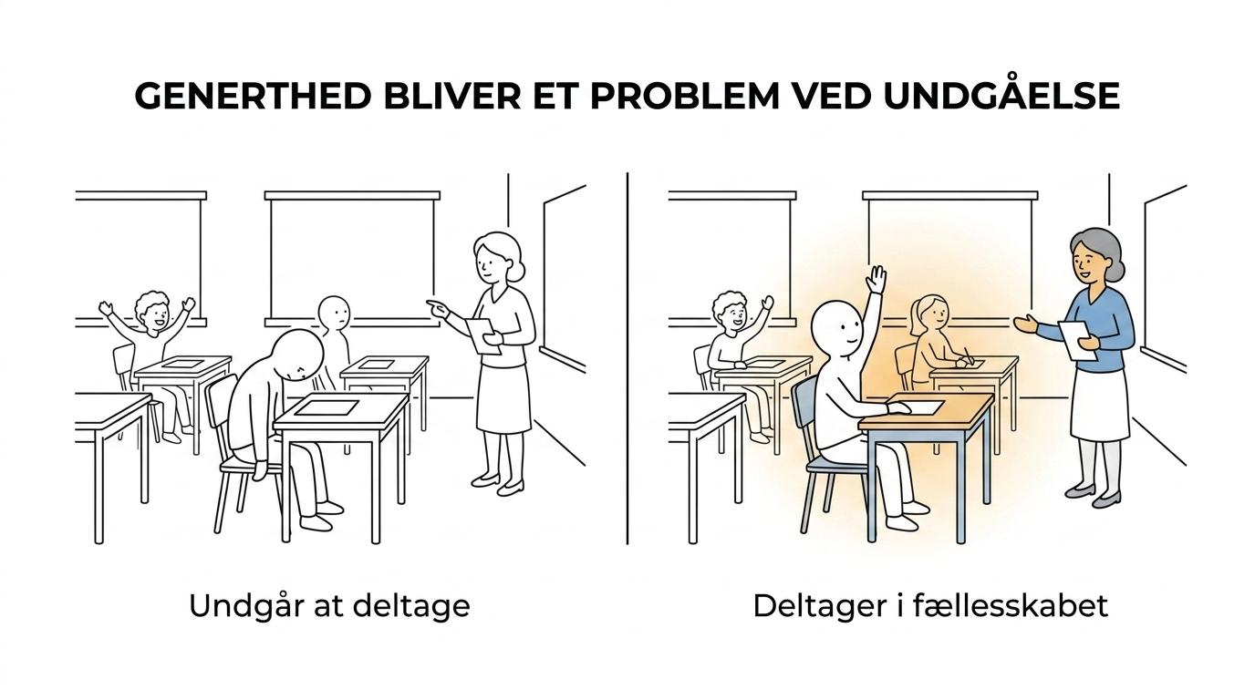 Hvordan generthed påvirker skole, job og relationer 1 Side-by-side visning af en rolig, tilbageholdende person og en tydeligt anspændt person, der holder sig tilbage fra at deltage.
