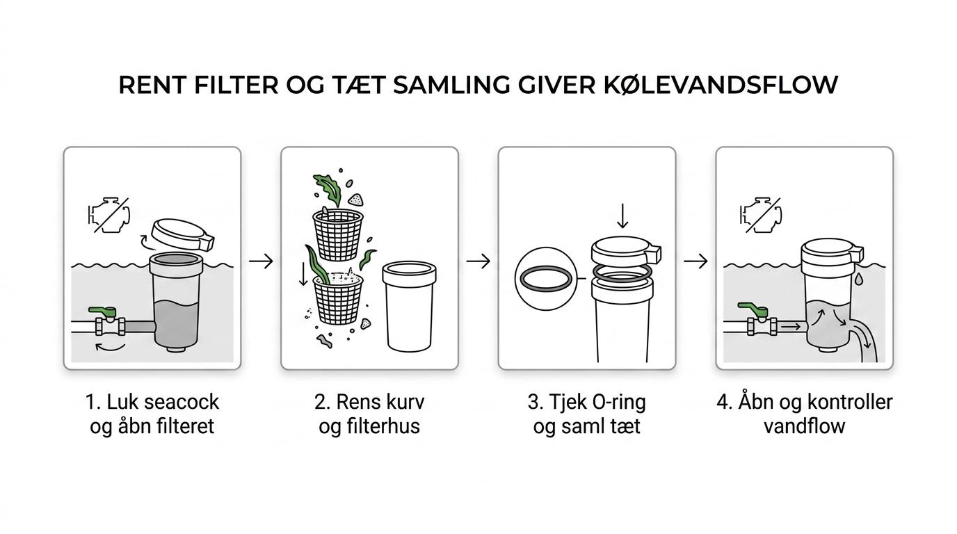 Trinvis visning af kontrol, rengøring og genmontering af et søvandsfilter på en bådmotor.