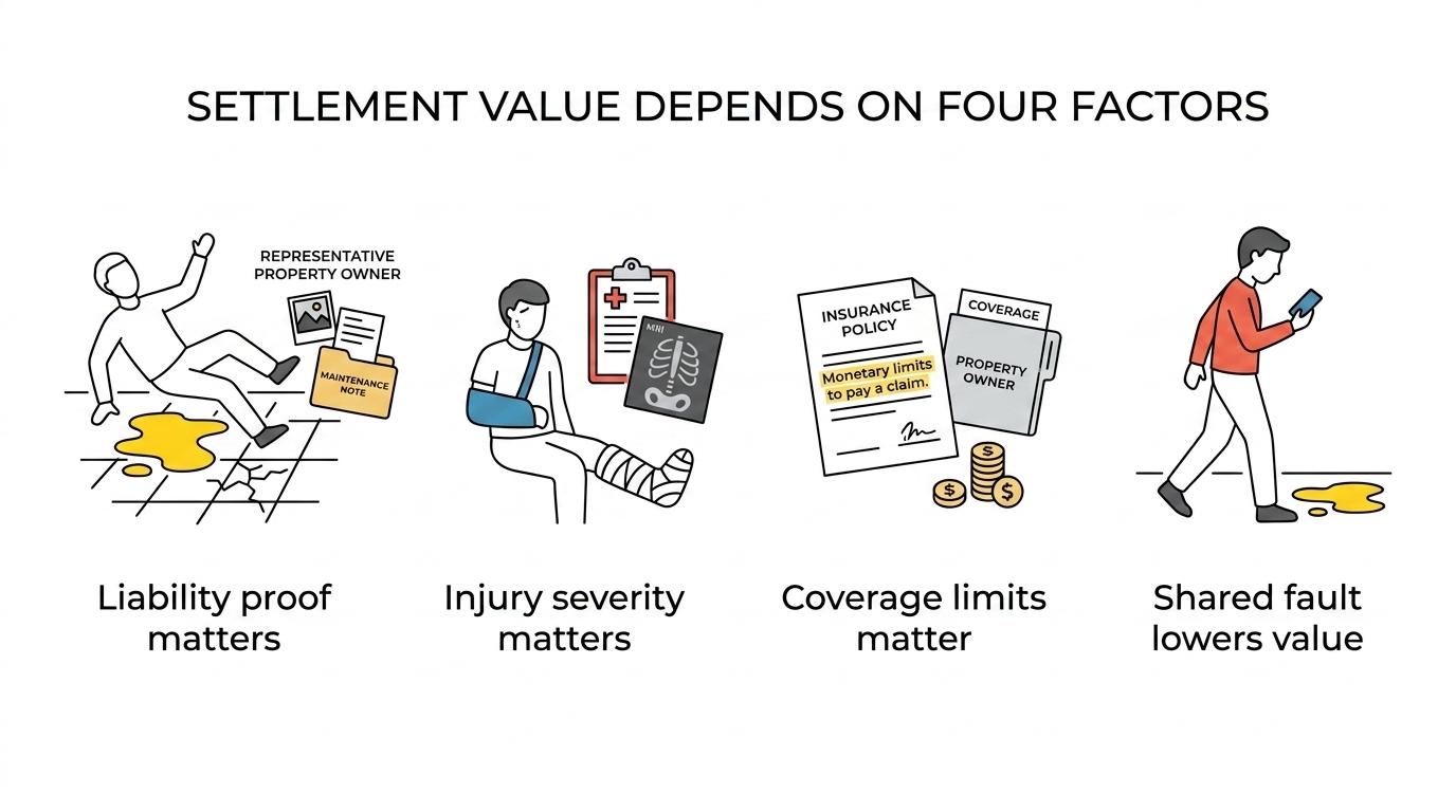Graphic showing four factors that drive Michigan slip and fall settlement value: liability proof, injury severity, insurance coverage, and comparative fault.