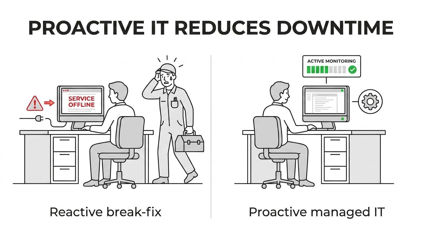 Side-by-side comparison of reactive break-fix IT support versus proactive managed IT services with monitoring, patching, security, and predictable monthly pricing.