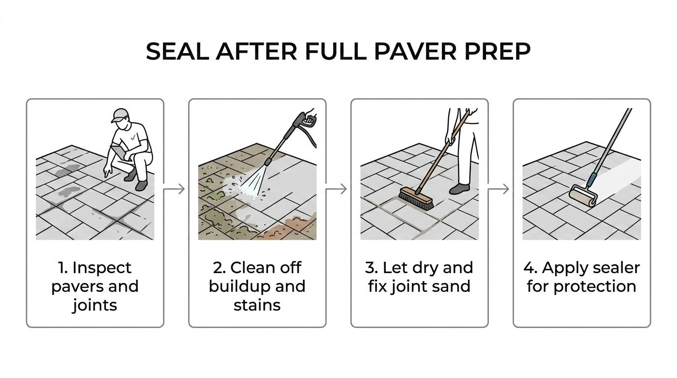 Elevation Power Washing Paver Sealing Lexington SC 1 A step-by-step visual showing paver inspection, cleaning, drying, joint-sand review, and final sealing on a patio or walkway.