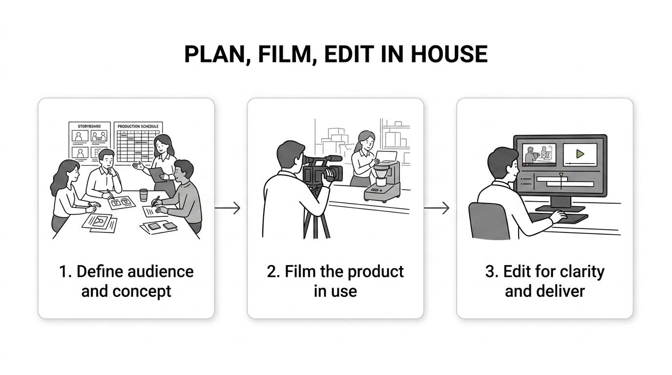 Three-stage product video process showing pre-production, production, and post-production for Alberta B2B companies.