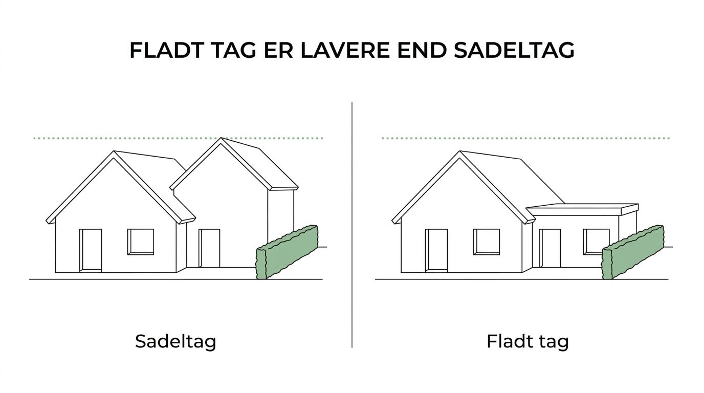 Side-by-side illustration of the same parcel house extension with a flat roof and with a gable roof, showing different roof height, profile, and drainage direction.