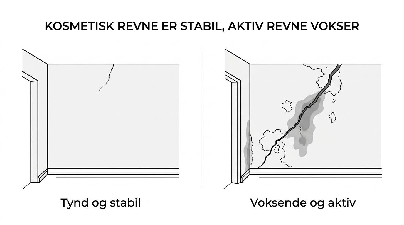 Sammenligning af en lille hårfin overfladerevne og en mere alvorlig skrå revne med afskalning og fugttegn på en indvendig væg.