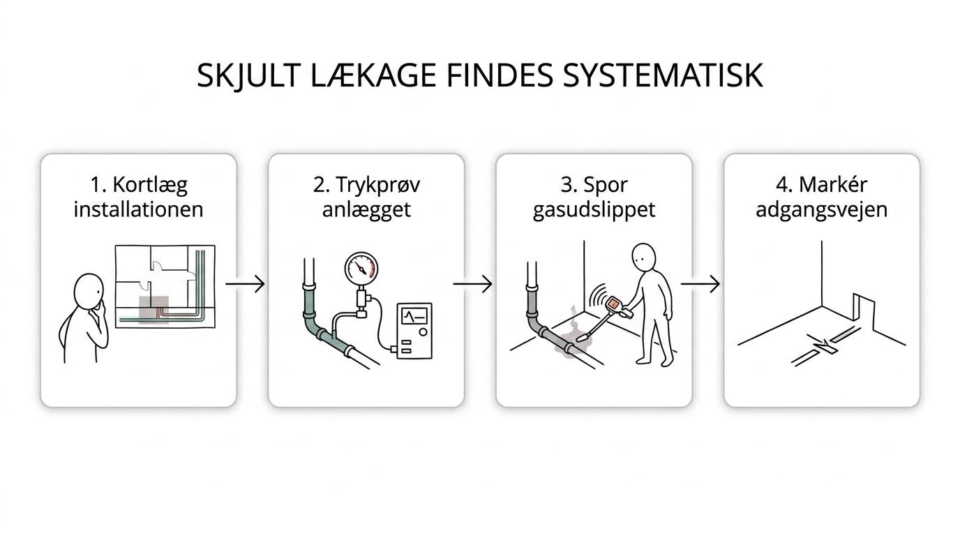 Procesgrafik, der viser kortlægning af rørsystem, trykprøvning, sporgas-måling og markering af det præcise lækageområde.